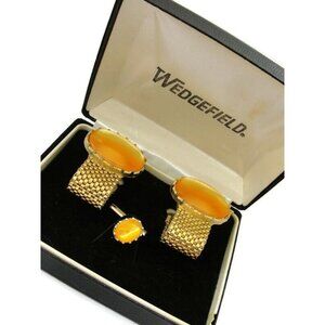 Dante Wedgefield Cufflinks Set Gold Tone Orange Stones Accessories Vintage